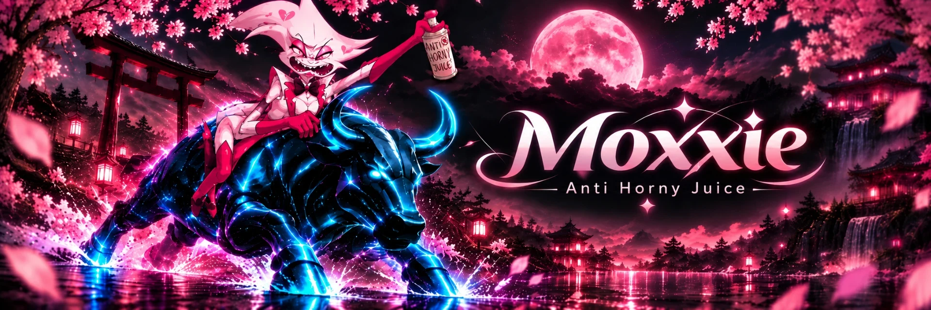 Moxxie riding a glowing electric-blue bull under a pink moon, with cherry blossoms and Japanese temples